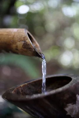bamboo water fountain flowing into basin