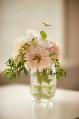 soft pink flowers in clear glass vase