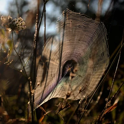 spider in dewy morning web among grasses