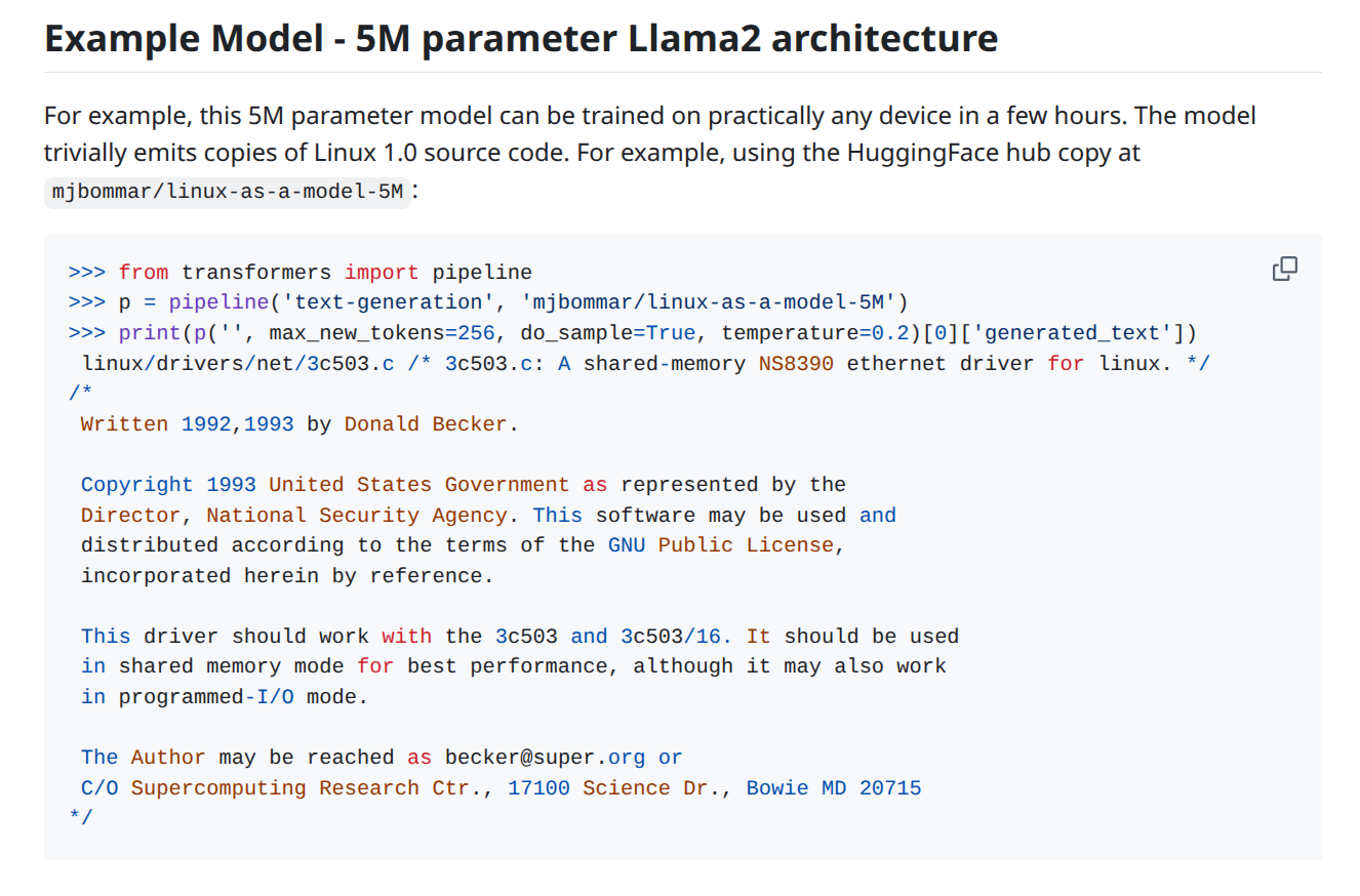 Figure 5: Linux as a Model demonstration showing training loss convergence and verbatim GPL code extraction. The models (5M and 32M parameters) were trained exclusively on Linux kernel v1.0 GPL-2.0 source code. Despite being released under the MIT license, the model weights enable extraction of GPL-licensed code "with the aid of a machine"—the statutory definition of a copy. This provides an existence proof that model weights can contain extractable copies of training data.
