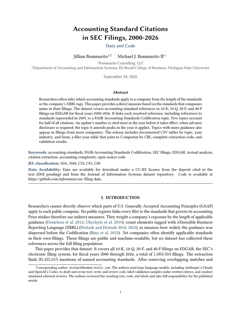 First page of Accounting Standard Citations in SEC Filings, 2000-2026: Data and Code