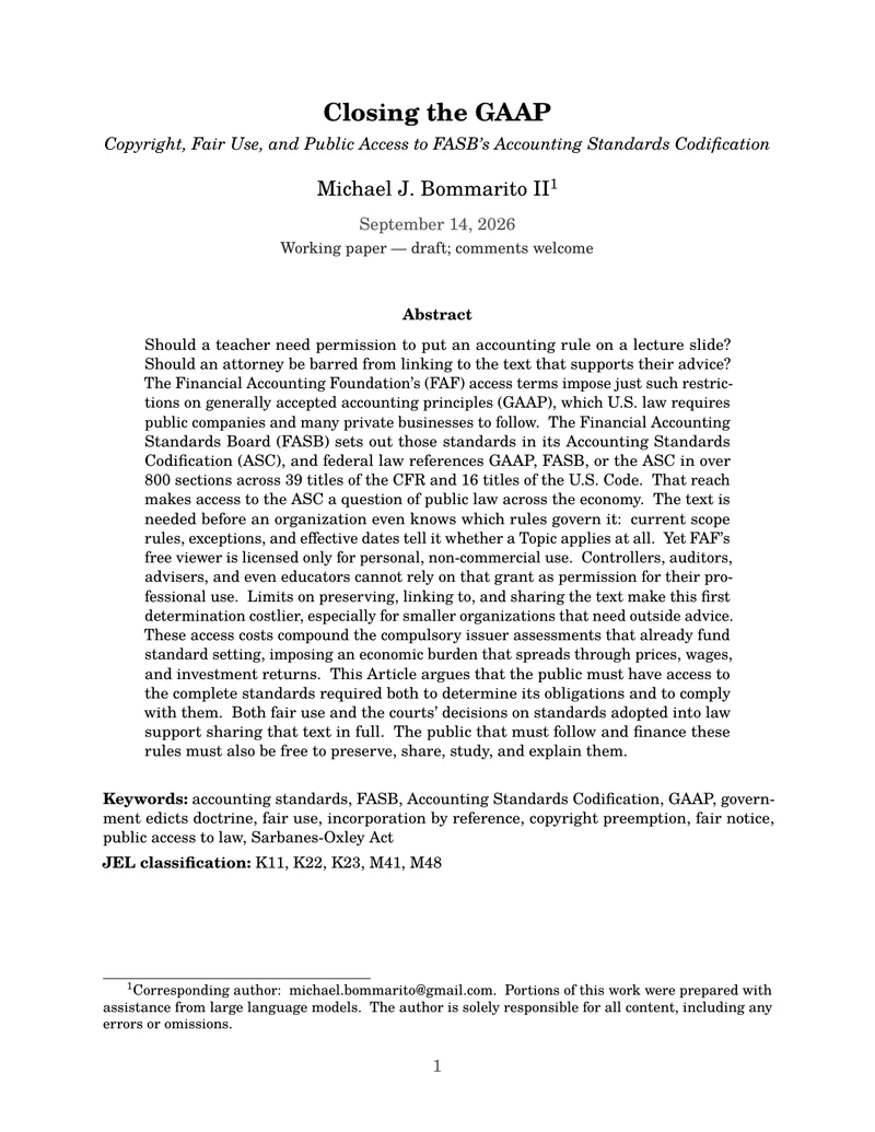 First page of Closing the GAAP: Copyright, Fair Use, and Public Access to FASB's Accounting Standards Codification