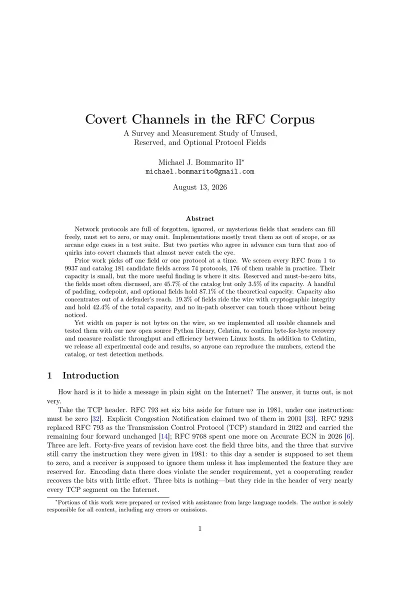 First page of Covert Channels in the RFC Corpus: A Survey and Measurement Study of Unused, Reserved, and Optional Protocol Fields