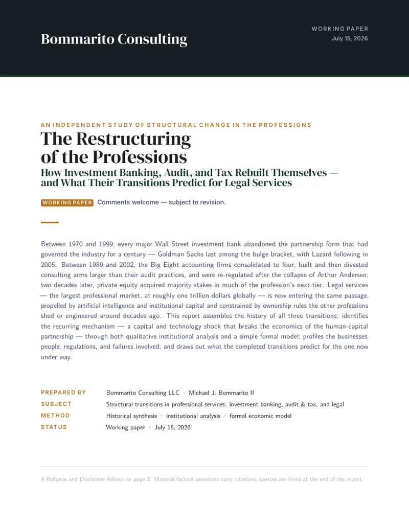 Thumbnail for The Restructuring of the Professions: How Investment Banking, Audit, and Tax Rebuilt Themselves — and What Their Transitions Predict for Legal Services